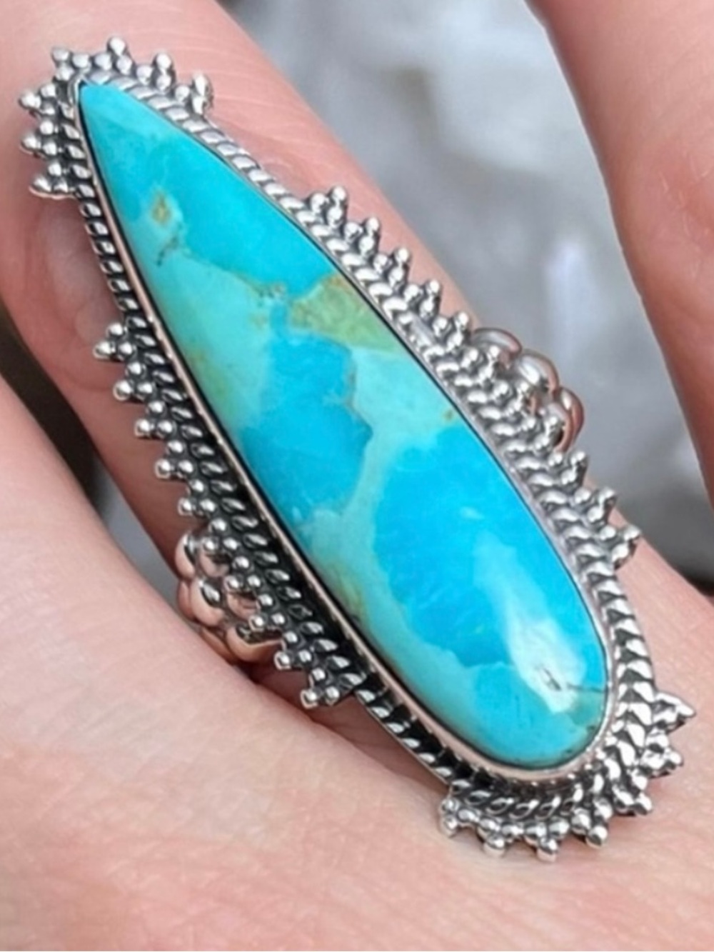 Pure Sterling Silver 925 Long Mohave Turquoise Ring Size 7 Boho Southwest New